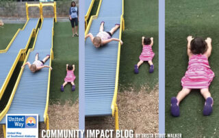 Three panel image. Panel one has two slides with a young girl sliding face first to the bottom and another young girl fallen up a hill of grass while their mother observes. Panel two zooms in on the two girls. Panel three zooms to just the fallen girl. The UWSWA logo is in the bottom left corner and the title "Community Impact Blog by Trista Stout-Walker is beside it.