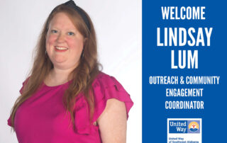 United Way Welcomes Lindsay Lum as the new Outreach & Community Engagement Coordinator. Image - smiling young woman with red hair wearing a fuchsia blouse with ruffled sleeves.