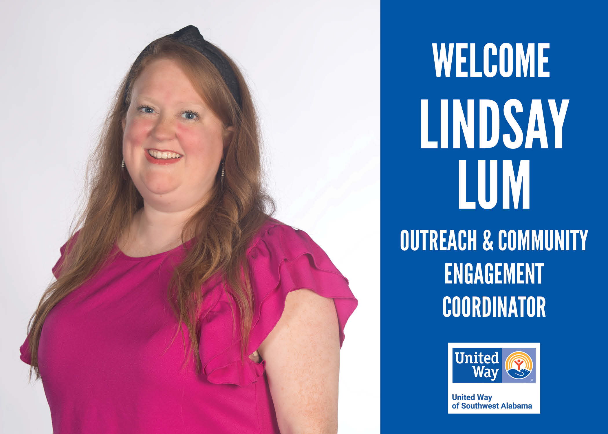 United Way Welcomes Lindsay Lum as the new Outreach & Community Engagement Coordinator. Image - smiling young woman with red hair wearing a fuchsia blouse with ruffled sleeves.