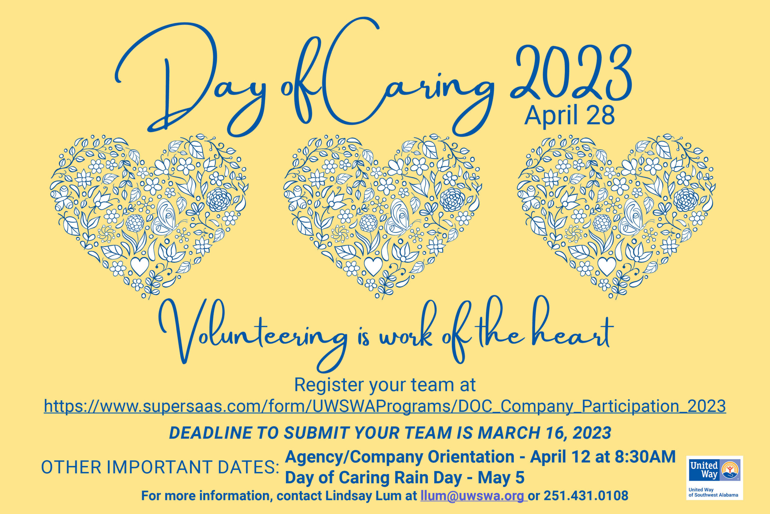 Day of Caring 2023. Volunteering is work of the heart. Register your team at the link provided. Deadline to submit is March 16.
