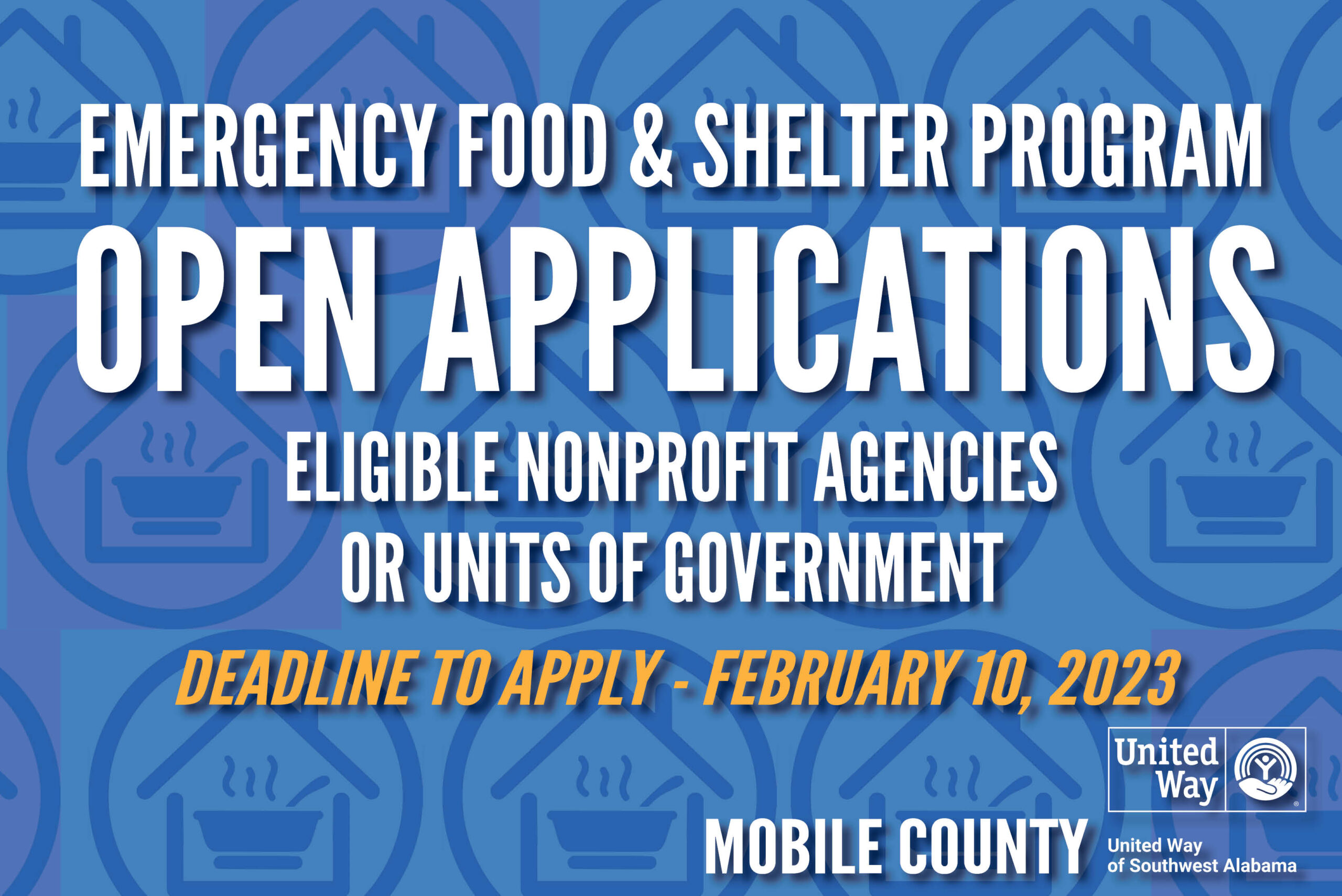 Emergency Food & Shelter Program Open Applications. Eligible nonprofit agencies or units of government. Deadline to apply is February 10, 2023.