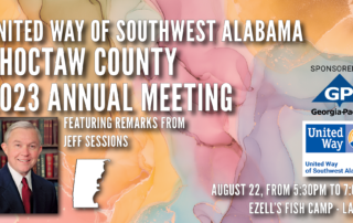 United Way of Southwest Alabama (UWSWA) is hosting the 2023 Clarke County Annual Meeting on Tuesday, August 22, at 5:30 p.m. at Ezell’s Fish Camp (776 Ezell Rd, Lavaca, 36904). Sponsored by Georgia Pacific.