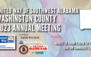 United Way of Southwest Alabama Washington County 2023 Annual Meeting. August 29 at 5:30PM at the Chatom Community Center. Sponsors are Tate & Lyle, Smartbank, the Town of Chatom, Crager Heating & Air, and Chatom Motors