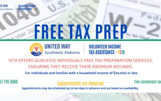 Free Tax Prep For individuals and families with a household income of the $69,000 or less VITA Offers qualified individuals free tax preparation service, ensuring they receive their maximum refunds. Appointments are required Call 251.219.0606 Appointments may be schedule up to ten days in advance and are based on availability Five convenient locations